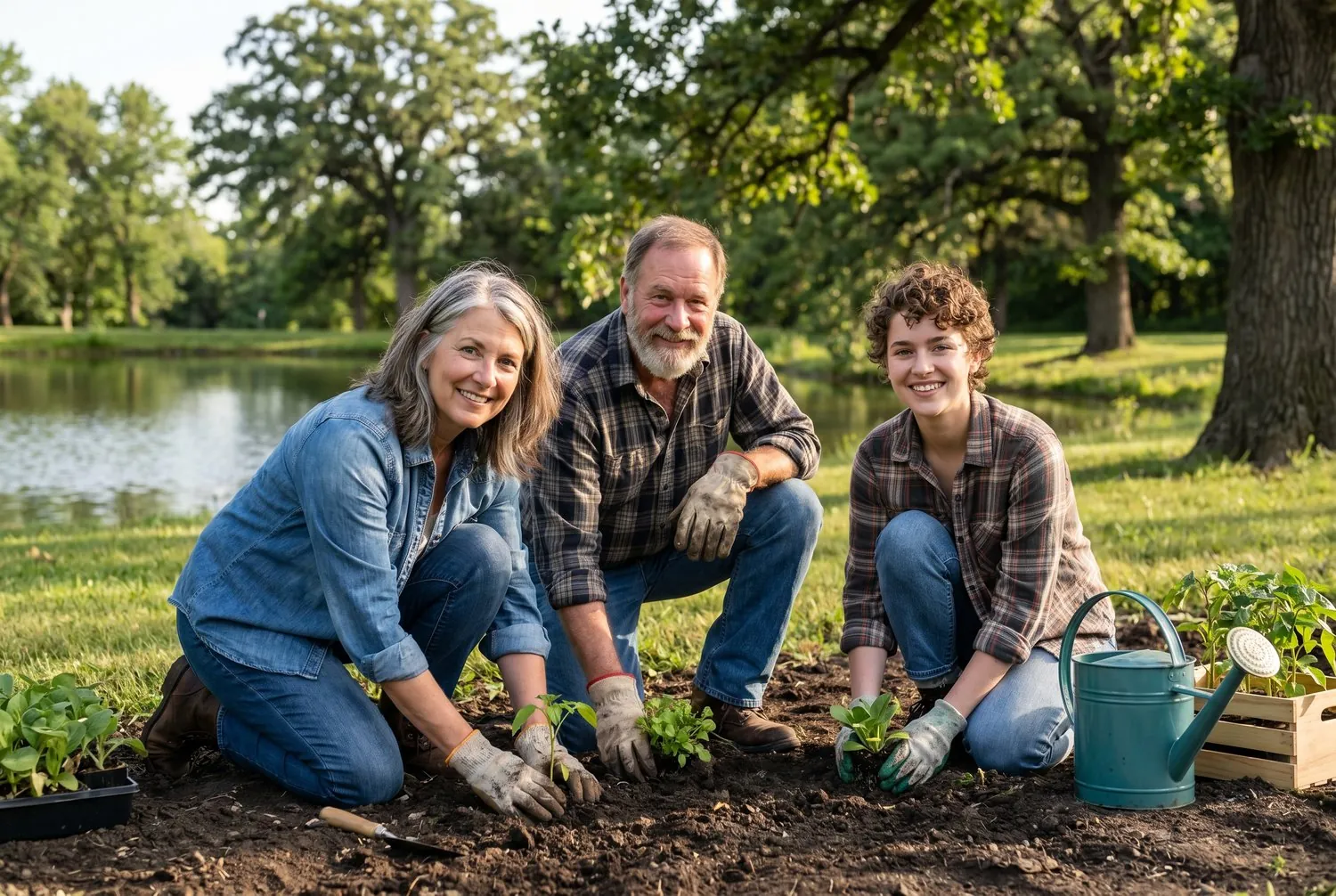 Friends planting a community garden in Hastings, Nebraska