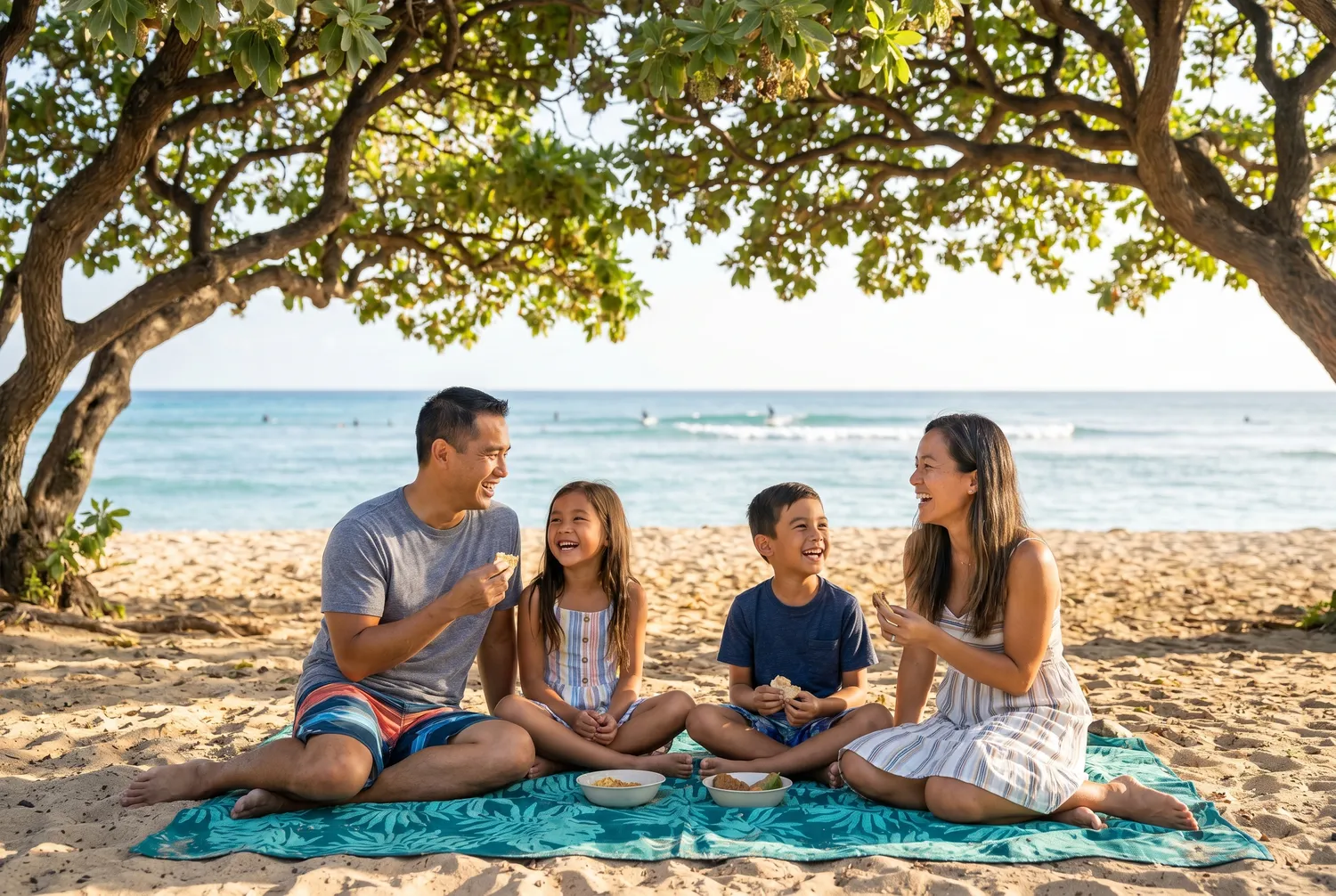 Family picnic under monkeypod trees at a Honolulu beach park Family picnic under monkeypod trees at a Honolulu beach park