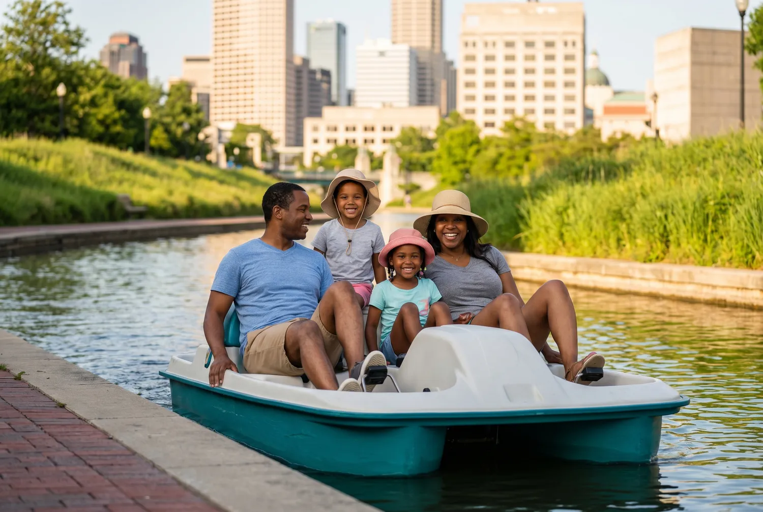 Family paddleboat on the canal at White River State Park, Indianapolis Family paddleboat on the canal at White River State Park, Indianapolis