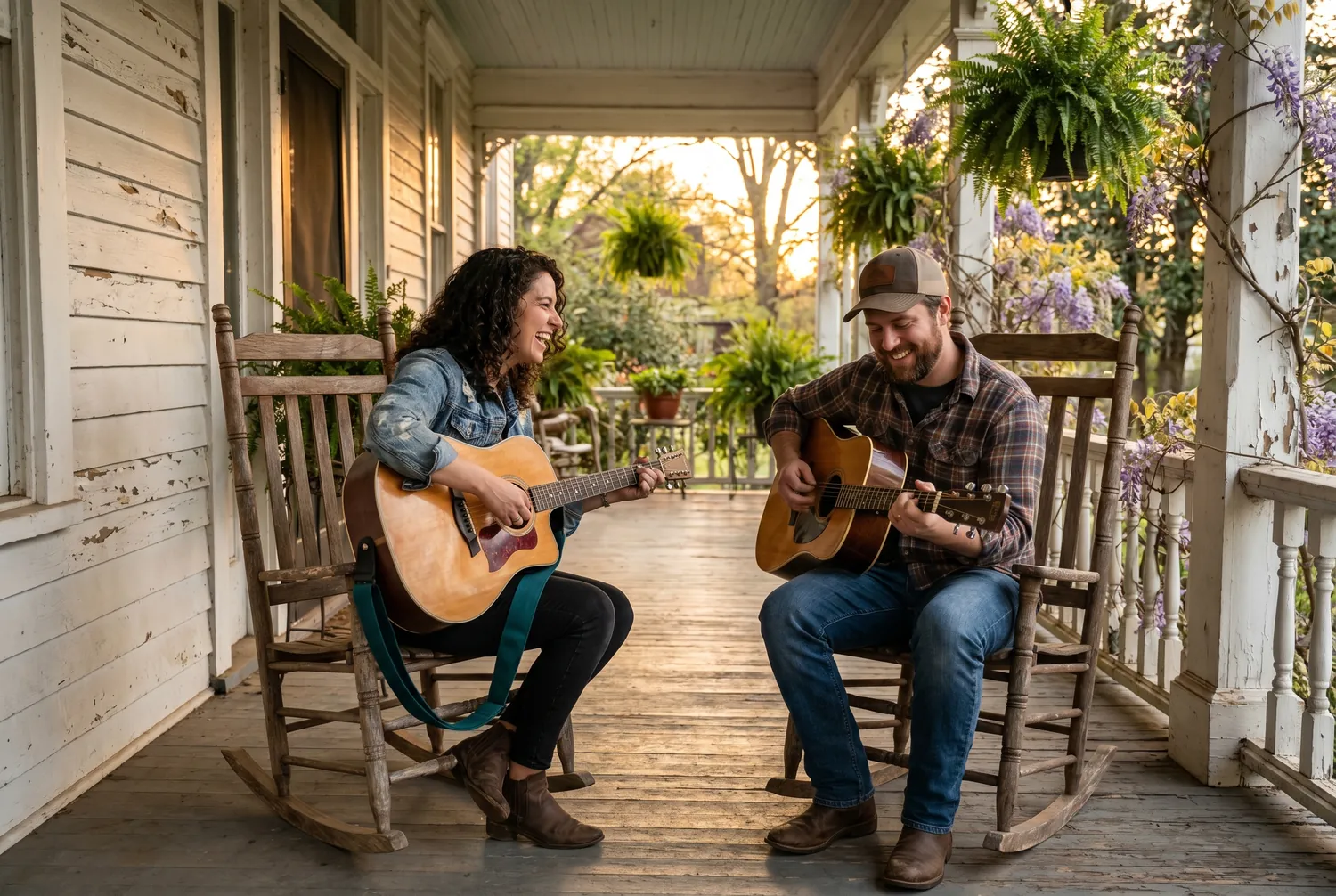 Two friends playing acoustic guitars on a Macon porch Two friends playing acoustic guitars on a Macon porch