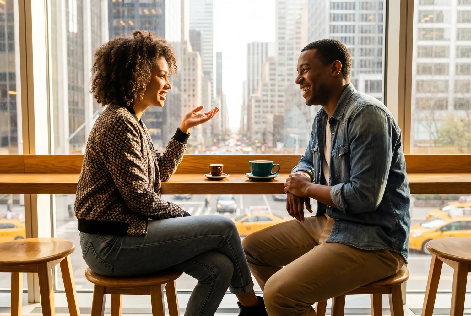 Two friends having espresso above the Midtown Manhattan skyline