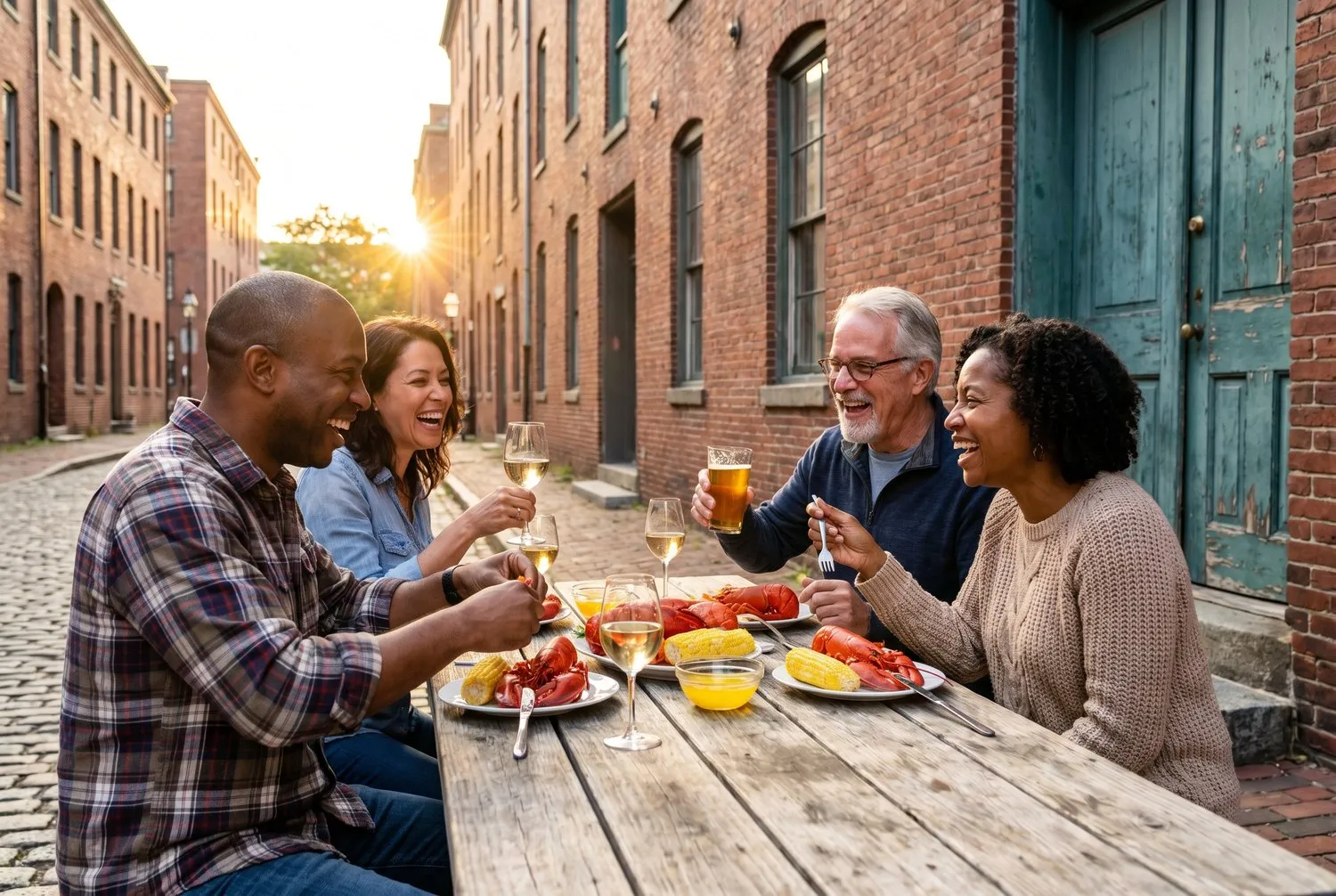 Friends sharing a lobster dinner in Portland Maine's Old Port district