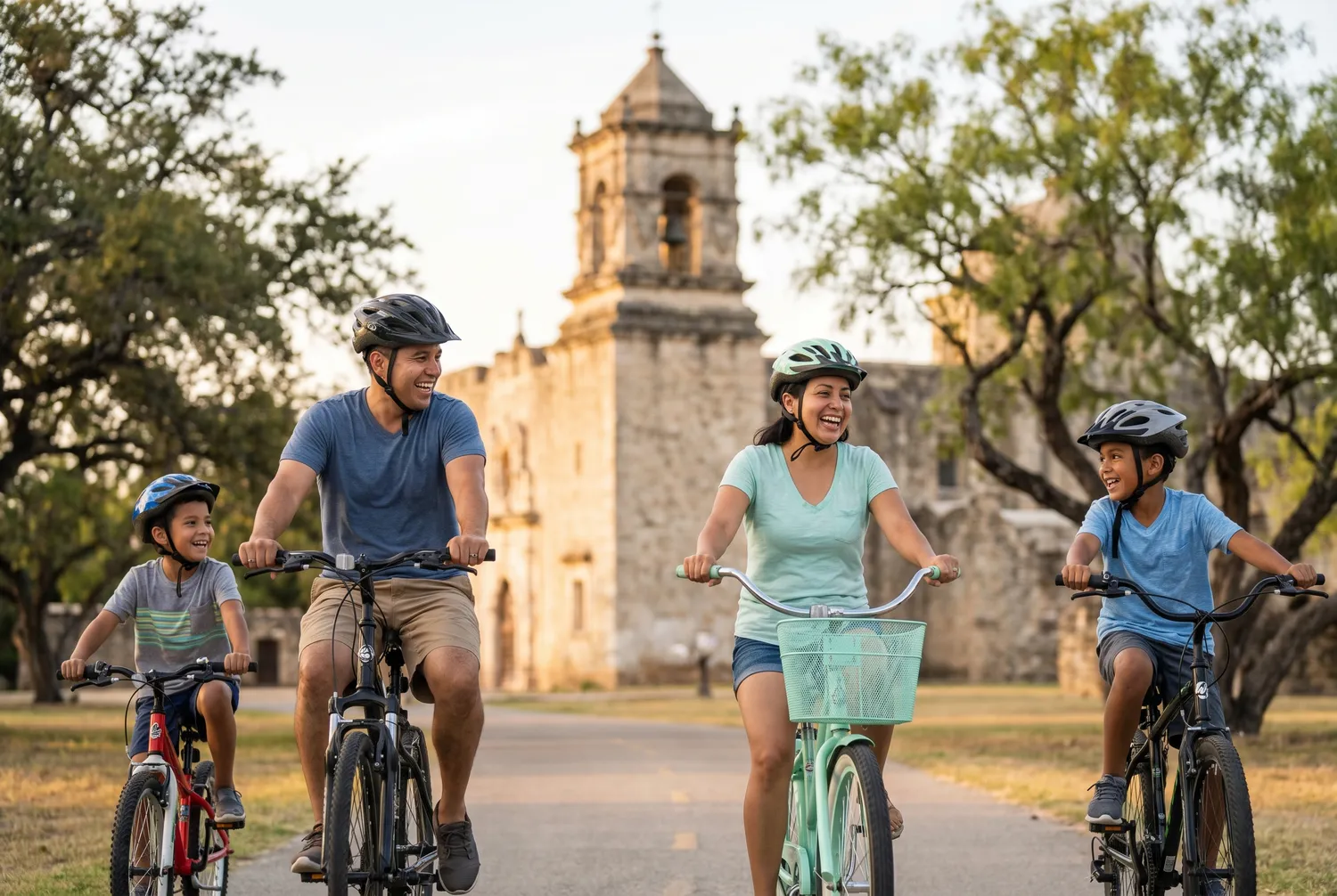 Family biking the Mission Reach trail past a Spanish mission in San Antonio