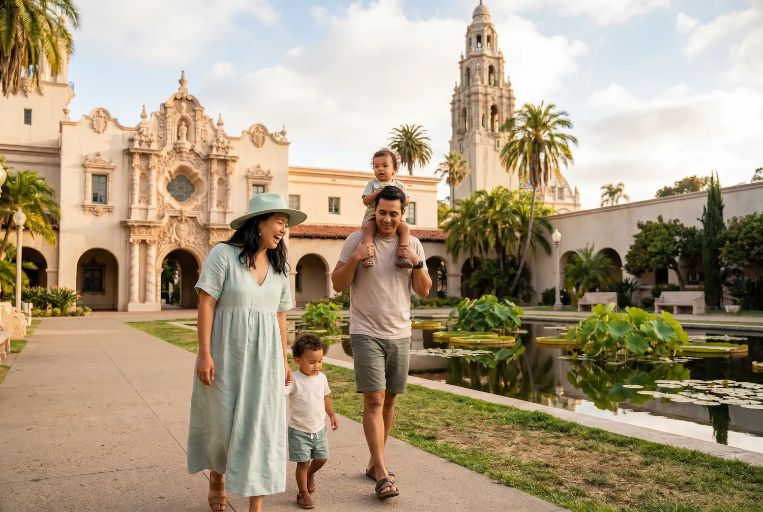 Family at Balboa Park's Spanish colonial gardens in San Diego