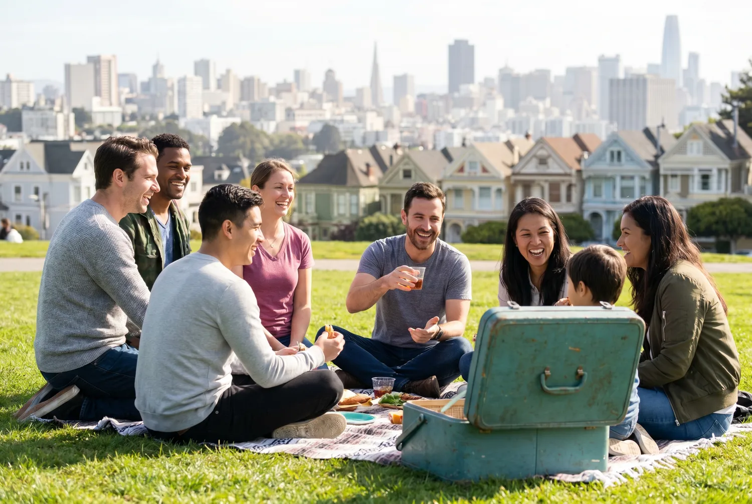 Picnic on the Dolores Park lawn overlooking San Francisco