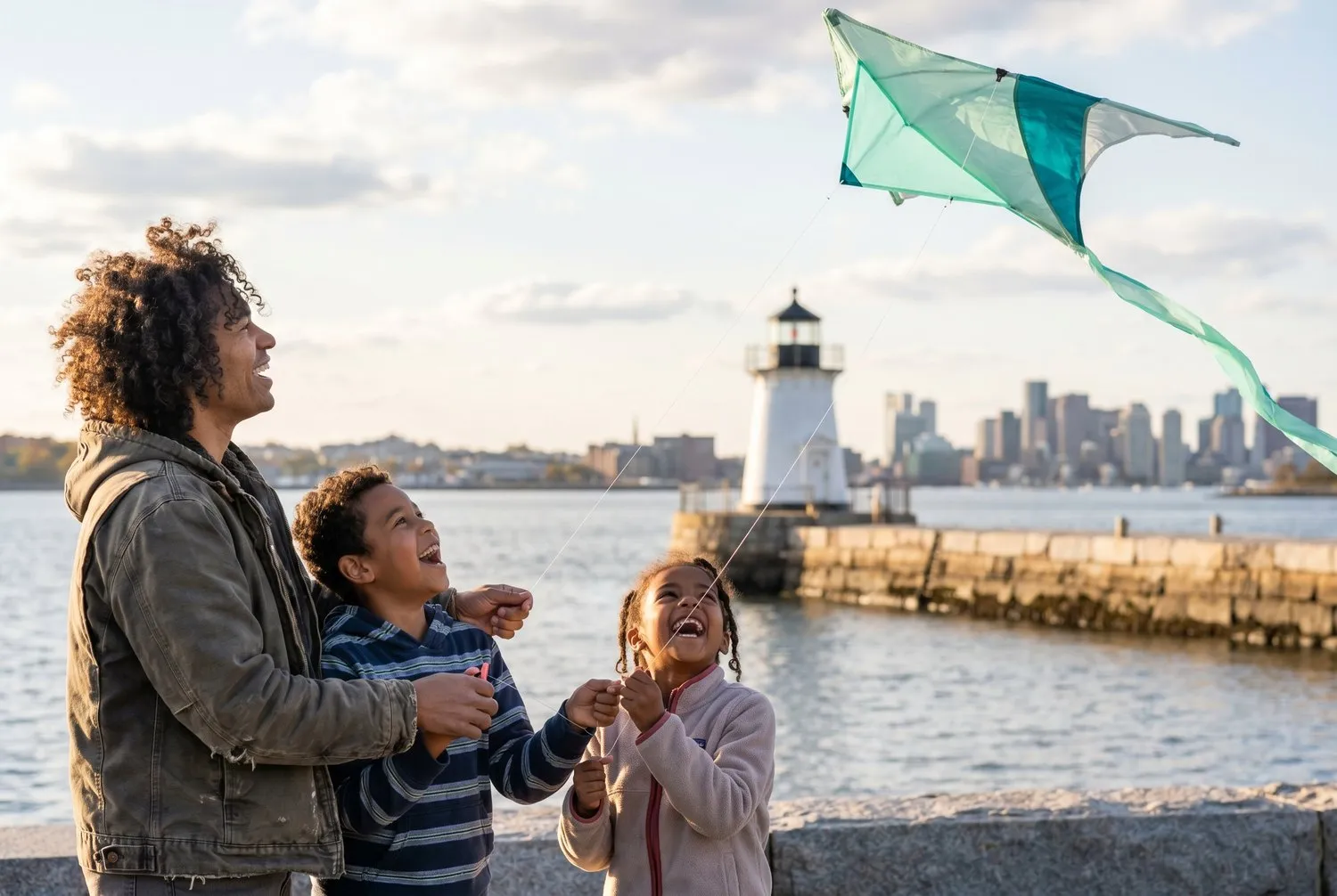 Family flying a kite at Bug Light Park with the Portland skyline in South Portland, Maine