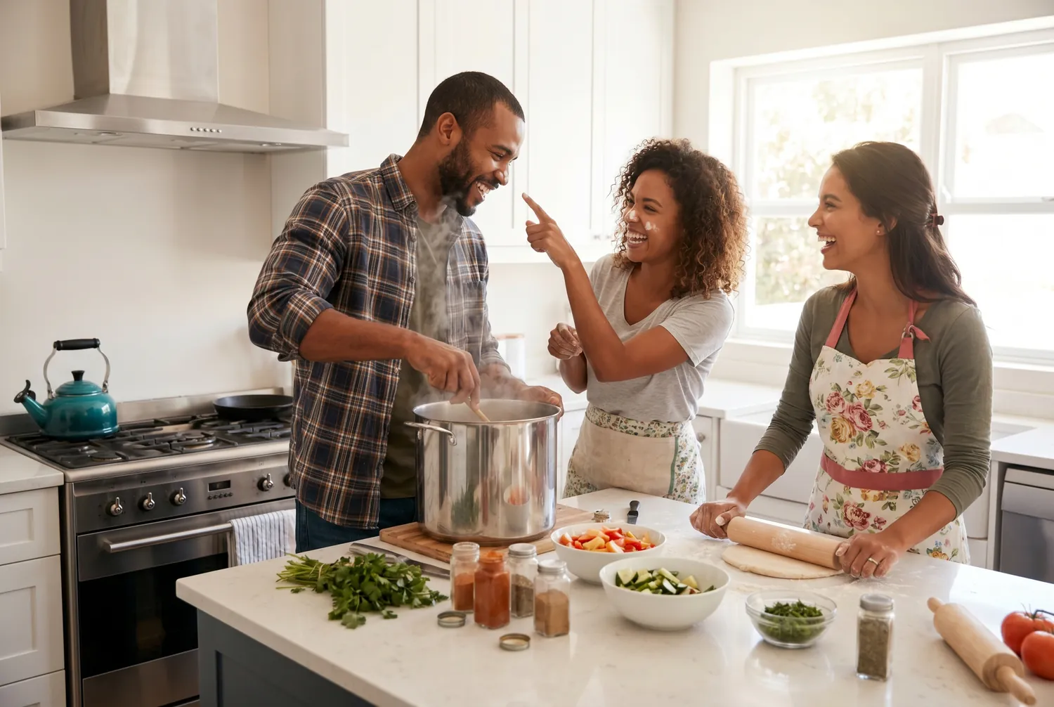 Friends cooking a big meal together in a Sugar Land kitchen