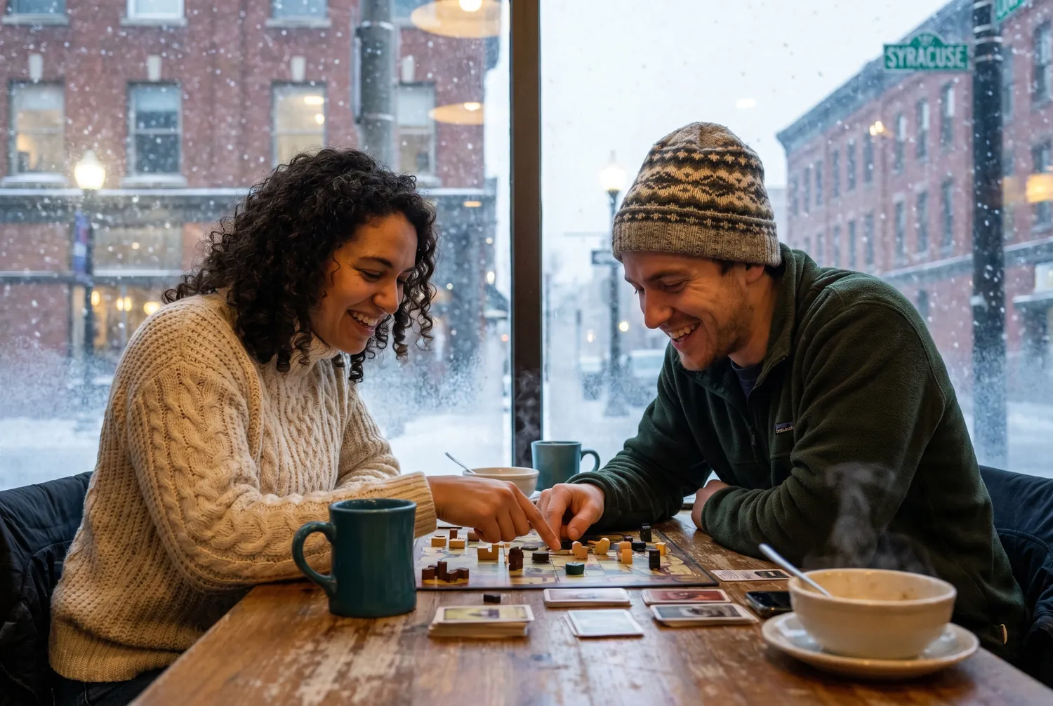 Board game over coffee while snow falls outside in Syracuse