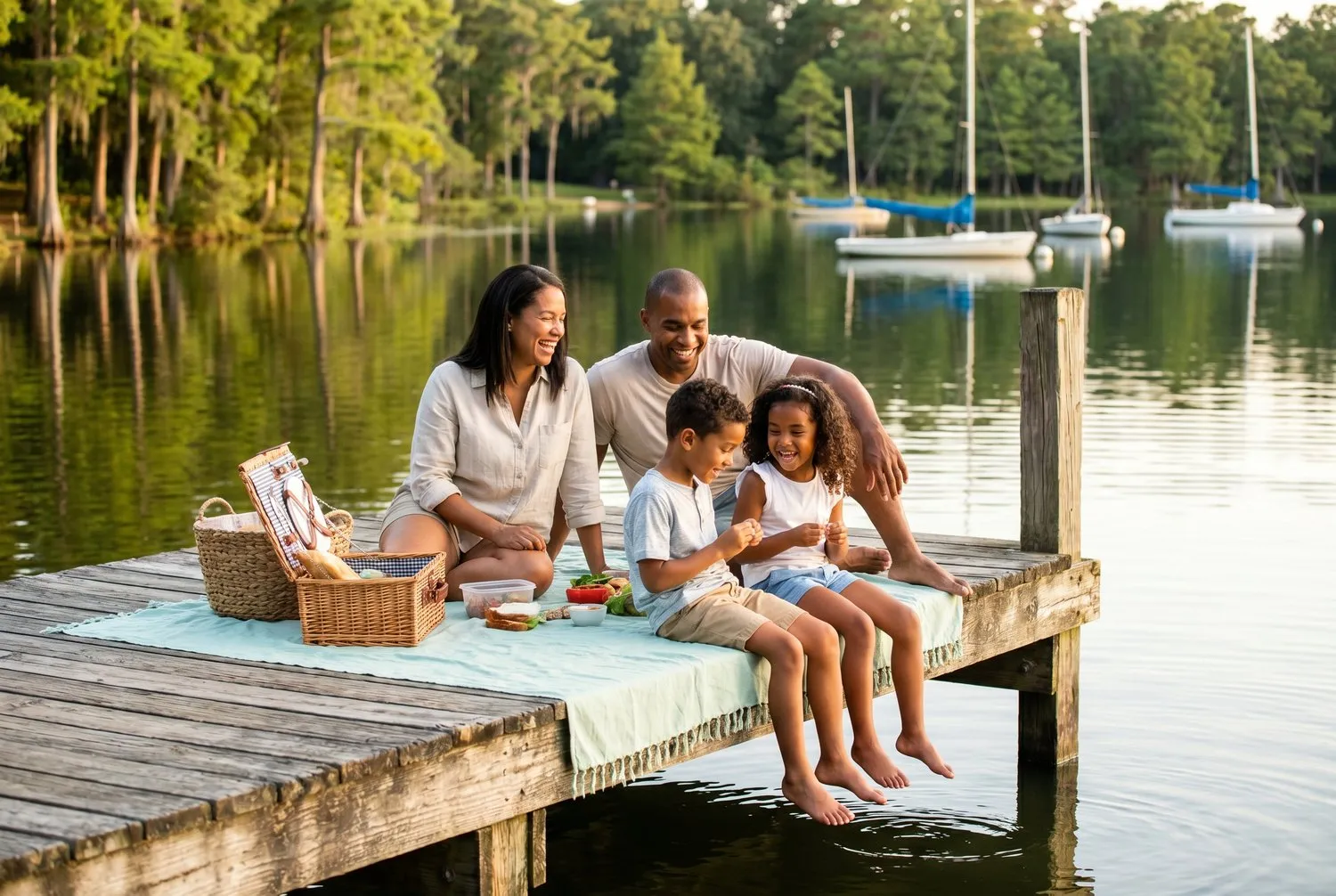 Family picnic on a lakeside dock in Windermere, Florida Family picnic on a lakeside dock in Windermere, Florida