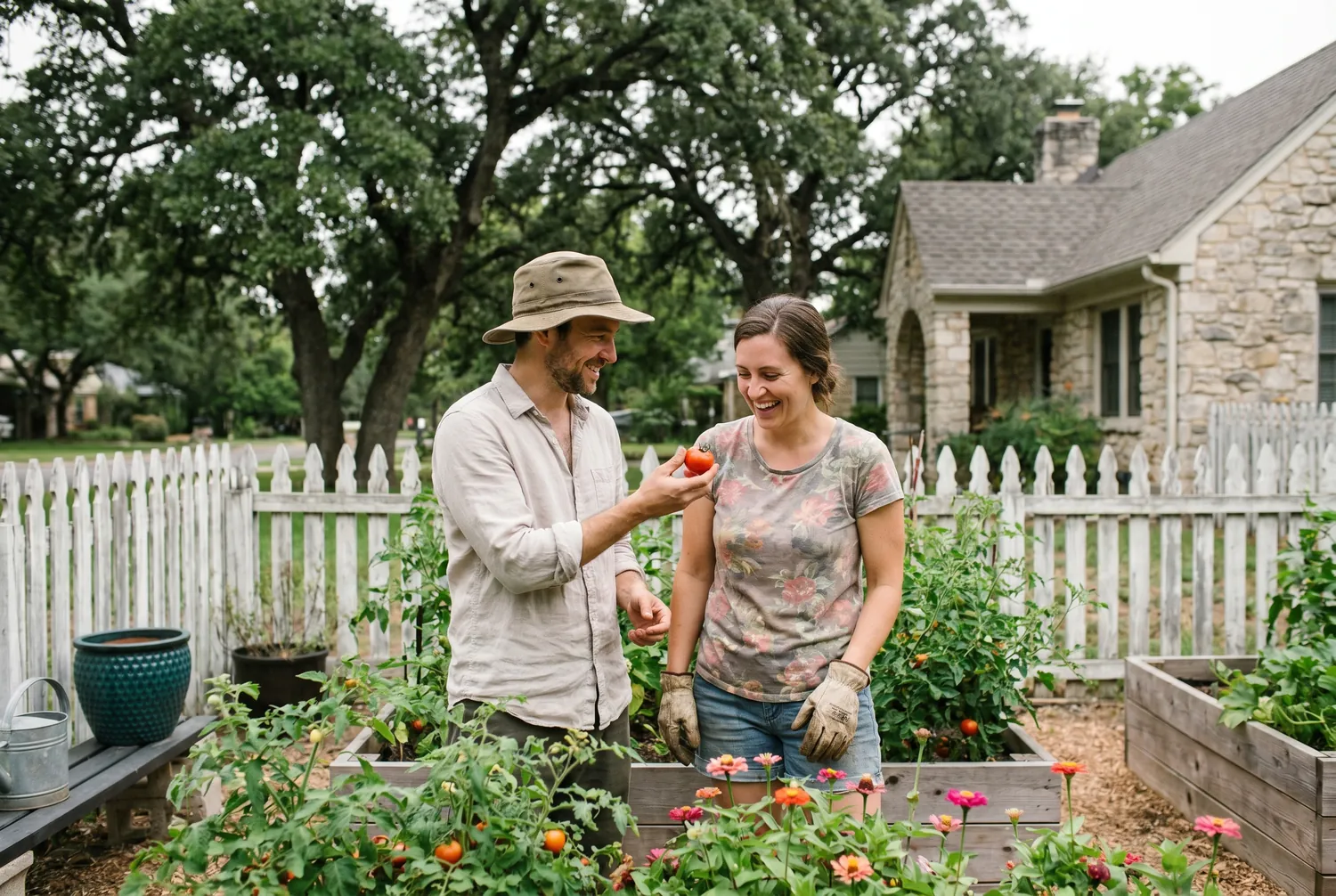 Couple tending a cottage garden in Zionsville