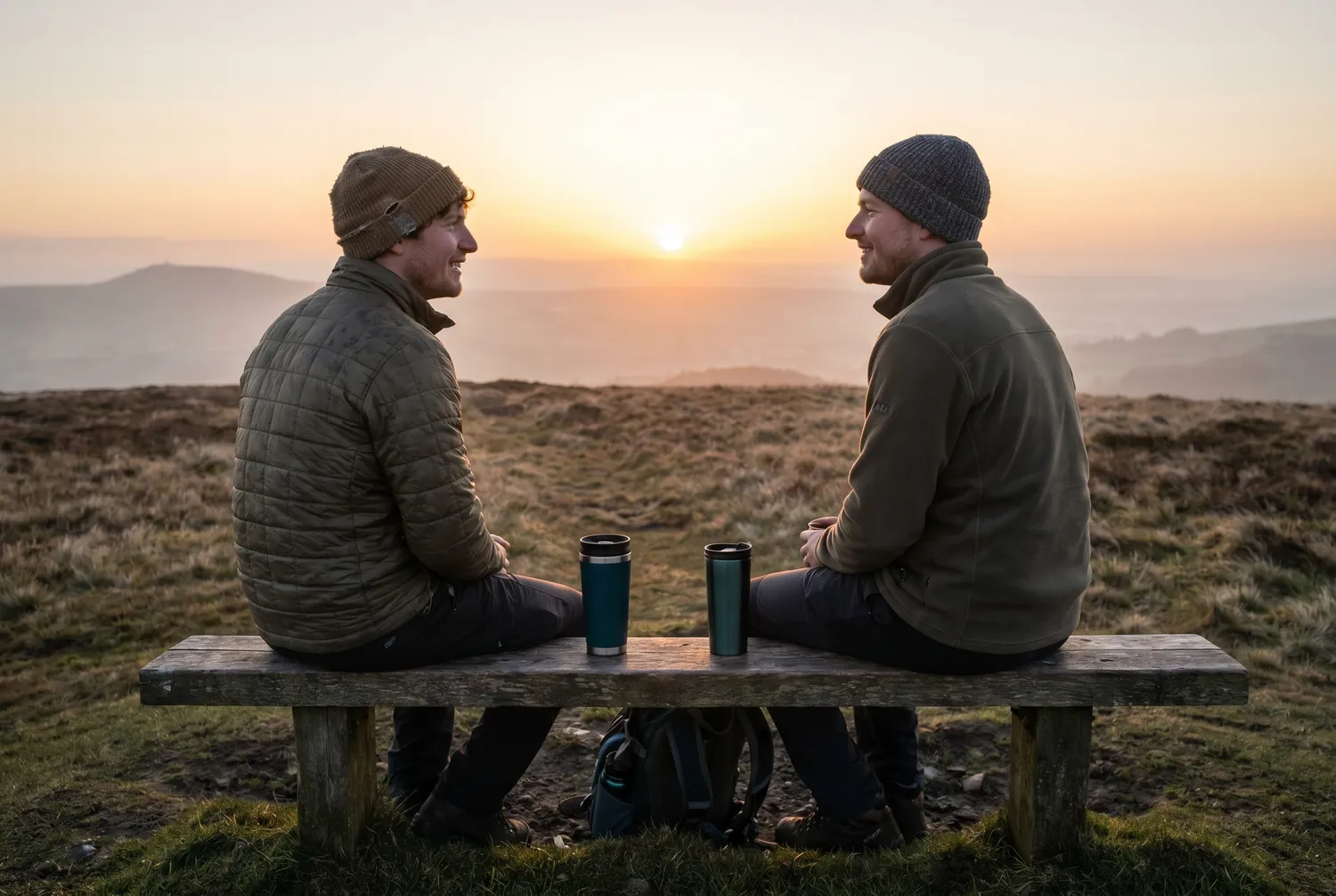 Two friends with coffee watching the first sun crest a hilltop