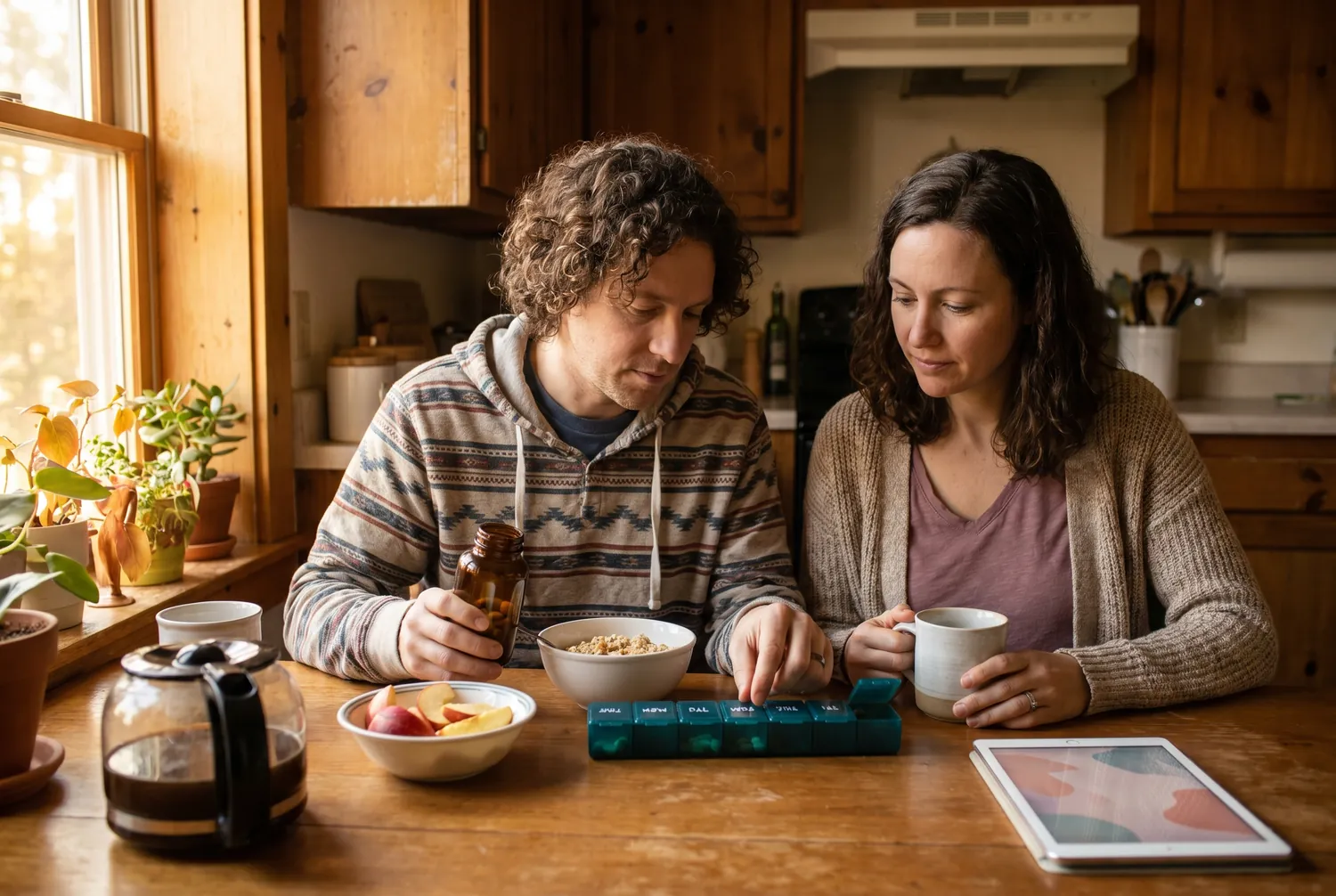 Filling a weekly pill organizer during an ordinary calm breakfast routine Filling a weekly pill organizer during an ordinary calm breakfast routine