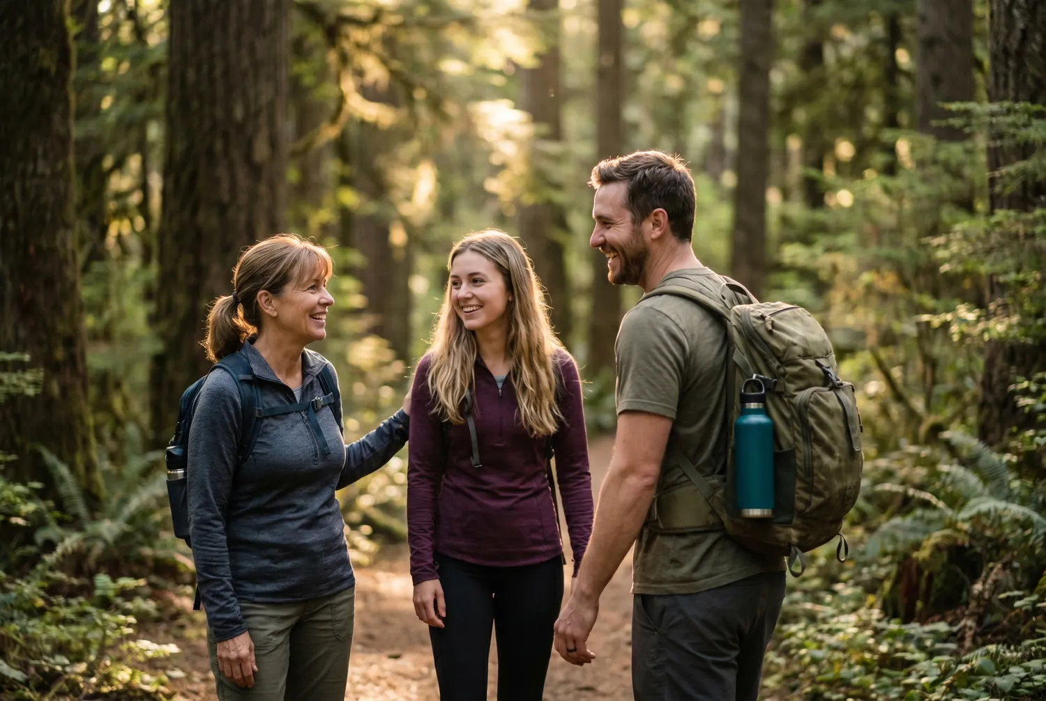 Three adults talking while hiking a wooded trail in warm evening light, one carrying a deep teal water bottle on a backpack