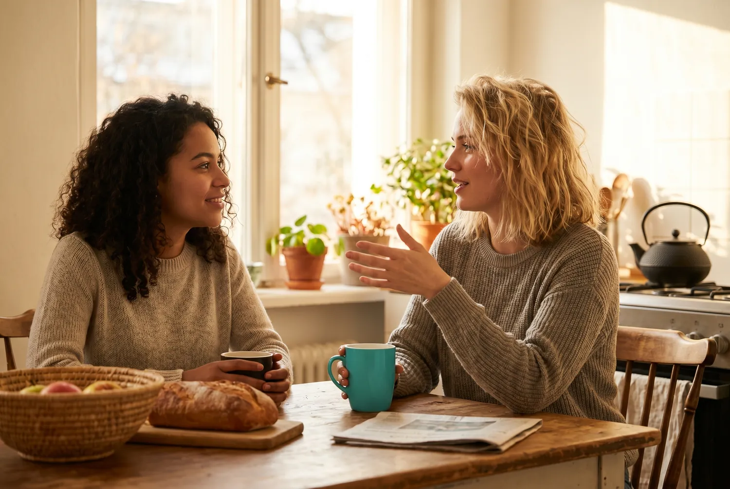 Two friends talking over coffee at a kitchen table, one holding a teal mug
