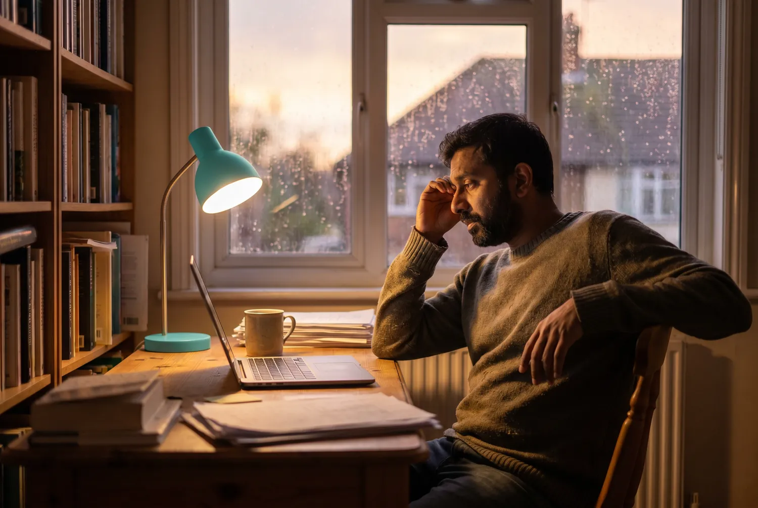 Man pausing at a home office desk at dusk beside a closed laptop and a glowing teal desk lamp