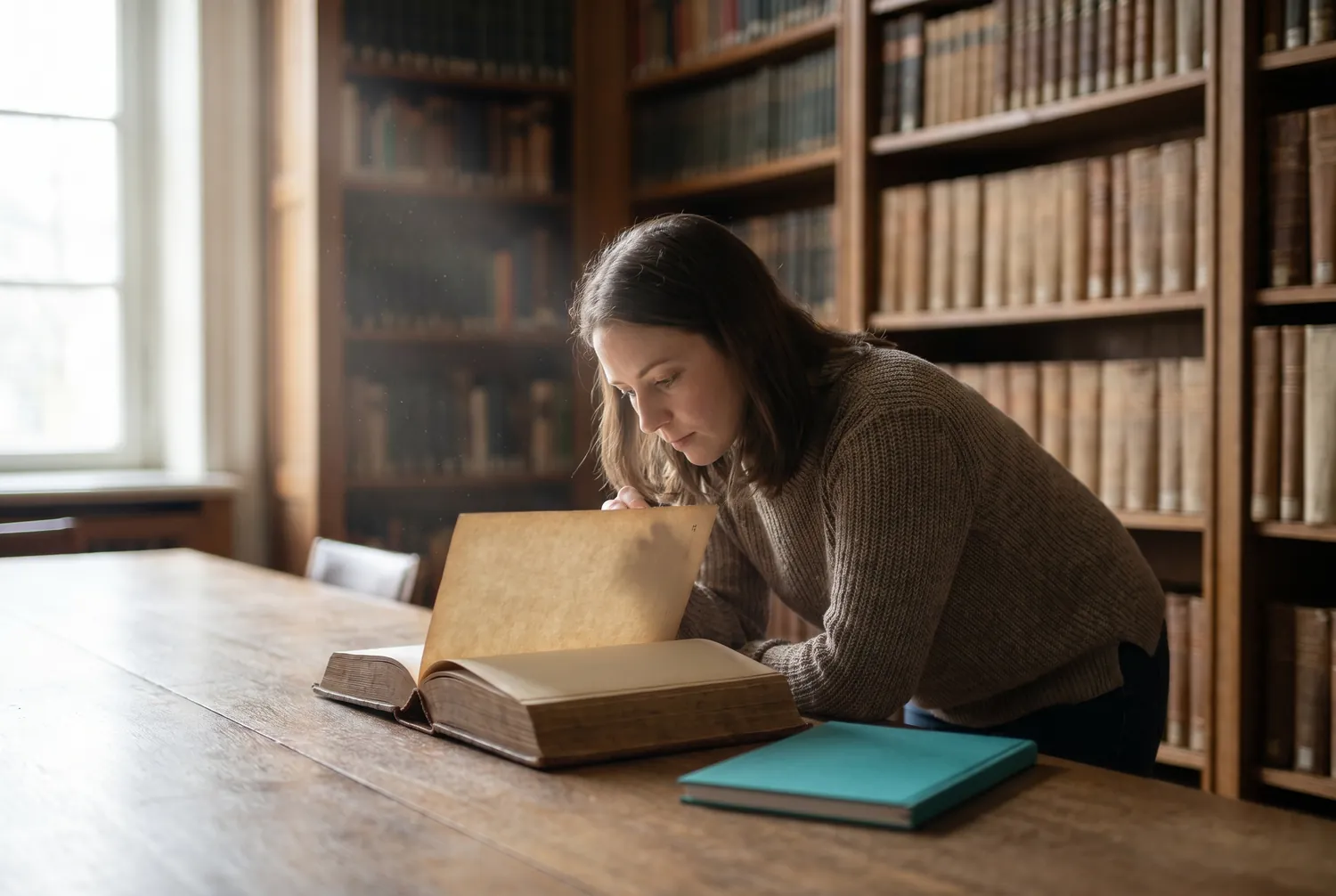 Woman researching word origins in a library with a teal notebook beside her