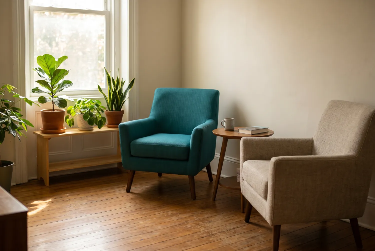 Quiet sunlit consulting room with two facing armchairs, one teal, suggesting unhurried psychiatric care