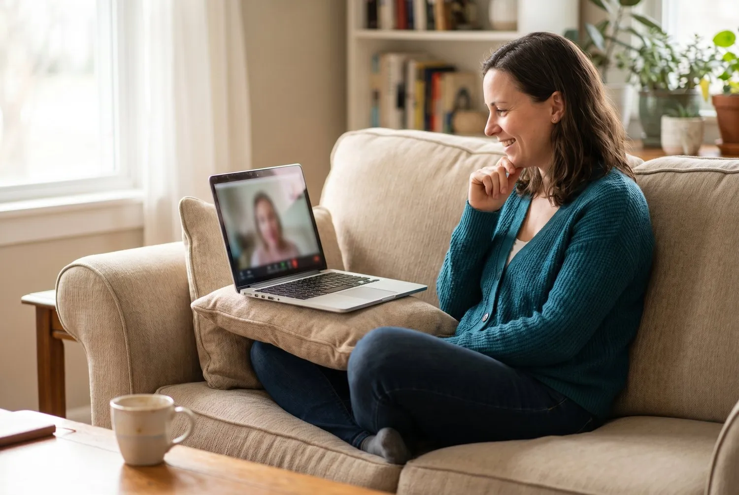 An unhurried telepsychiatry video visit from a comfortable couch An unhurried telepsychiatry video visit from a comfortable couch