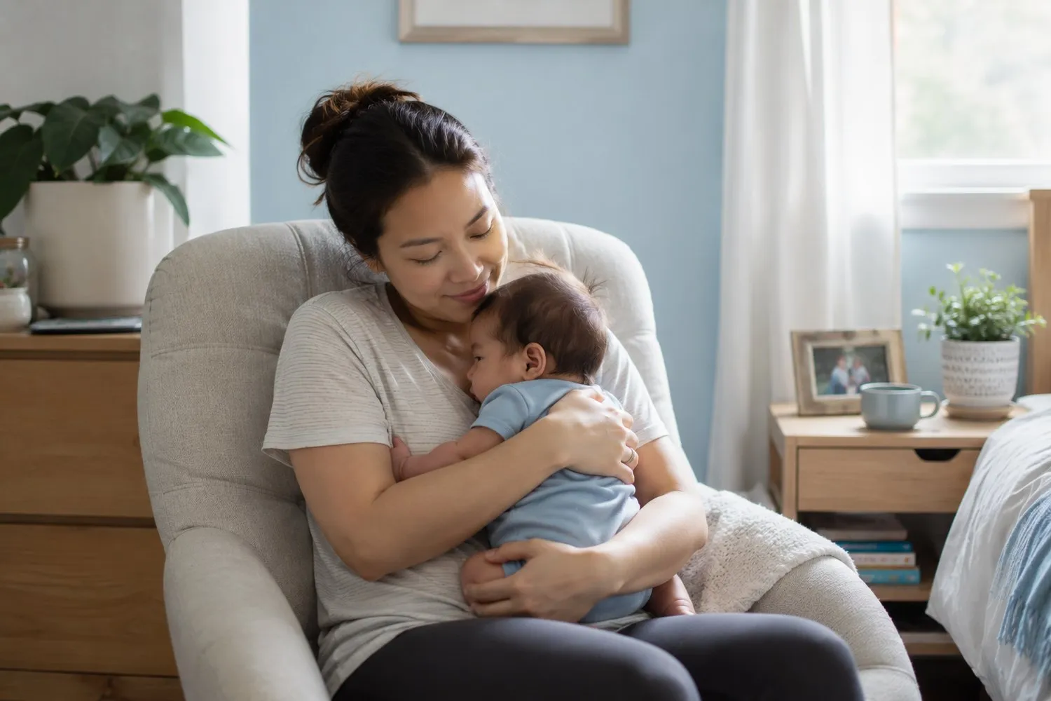 a mother holding her baby in soft natural light, calm and supported a mother holding her baby in soft natural light, calm and supported